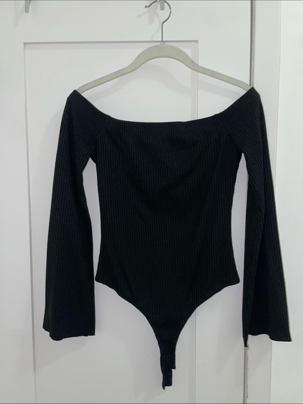 Black Ribbed Off-Shoulder Long Sleeve Bodysuit